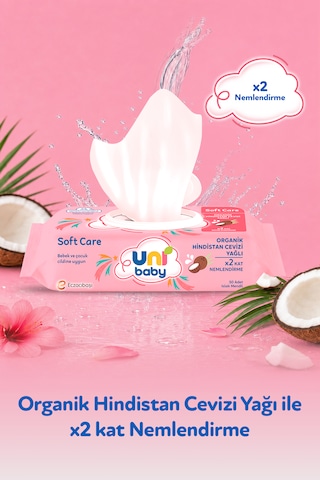 Uni Baby Soft Care Organik Hindistan Cevizi Yağlı Islak Mendil 12x50 600 Yaprak 12'li Set