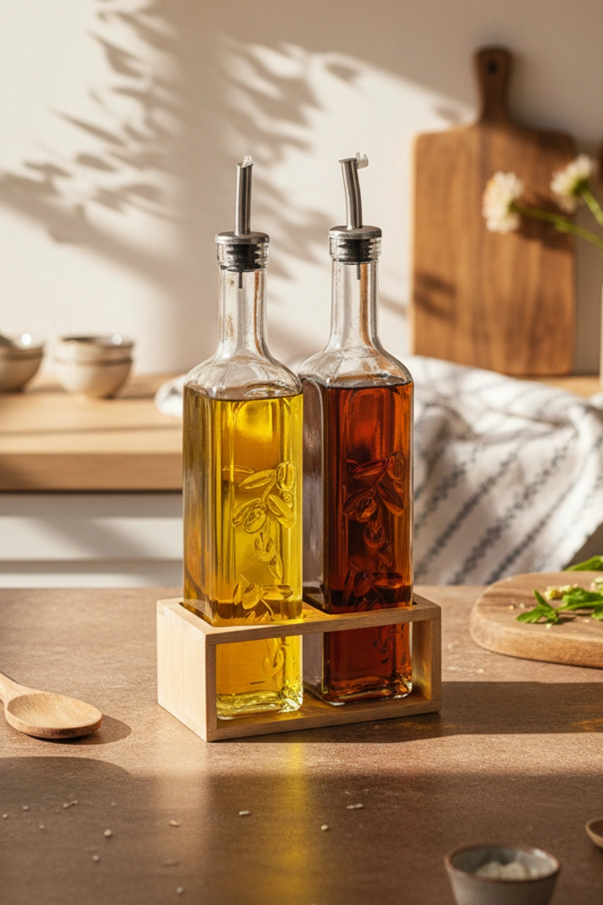 Snippy Olea - 2'li Ahşap Yüksek Standlı Cam Zeytinyağı Şişesi Yağdanlık Damlatmaz Yağlık Sirkelik 500ml Ahşap