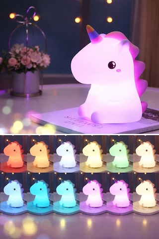 Rgb Led Sevimli Unicorn Çocuk Odası Gece Masa Lambası Renk Değiştiren Yumuşak Silikon Usbli Şarjlı Çok Renkli