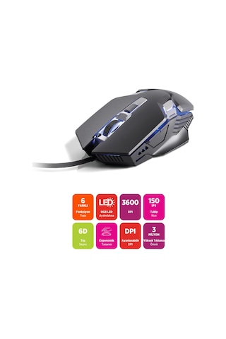 Polosmart Pgm37 Kablolu Rgb Led Aydınlatmalı 6 Tuşlu 3600dpı Gaming Oyuncu Mouse Siyah Diğer