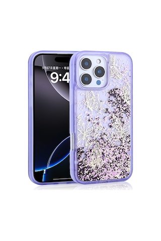 Zore Apple iPhone Uyumlu 12 Pro Kılıf Sıvılı Simli Kelebek Baskılı Şeffaf Arka Yüzey Nvth Glis Silikon Kapak - Mor