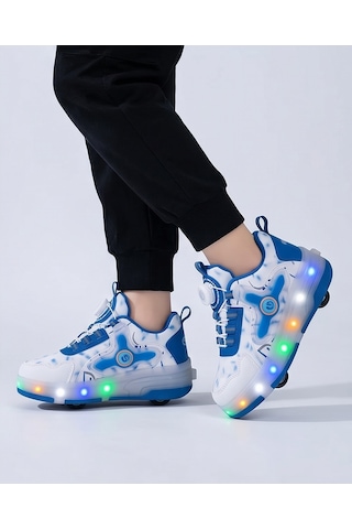2256-n-drops Led Işıklı Çift Tekerlekli Akıllı Bağcıklı Unisex Çocuk Patenli Ayakkabı Beyaz - Mavi