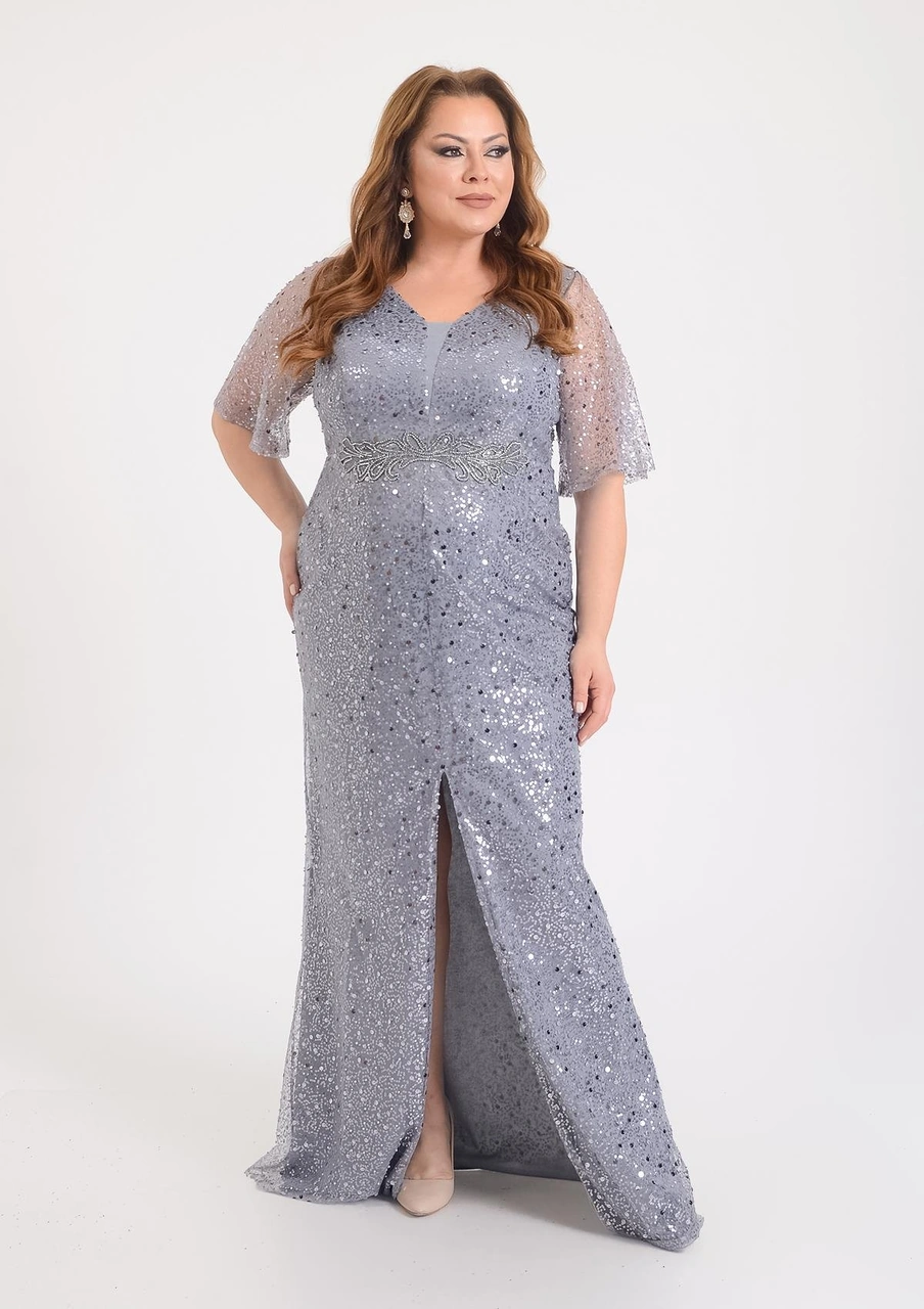 Lilas Xxl Büyük Beden Glitter Baskı Gri Renkli Kısa Kollu Uzun Abiye Elbise Gri