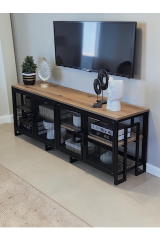 Dekoratif Metal Gövdeli Ahşap Raflı Tv Ünitesi 3 Raflı 4 Kapaklı Tv Sehpası 150 X 36 Cm Televizyon Ünitesi Siyah