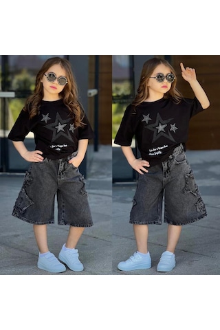 Kız Çocuk Yıldız Baskılı Oversize Tişört & Kot Şort Kombini Yazlık Şık Takım 2535 Siyah