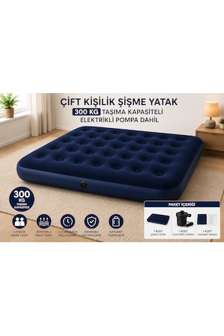 Çift Kişilik Şişme Yatak 300 Kg Taşıma Kapasiteli Elektrikli Pompalı 197x137x22 Cm Lacivert
