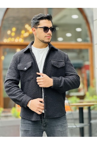 Miron Siyah Kıvırcık Dokulu Kumaş Gömlek Yaka Cepli Regular Fit Ceket Haki