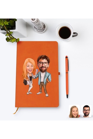 Kişiye Özel Sevgililer Karikatürlü Turuncu Termo Deri Defter Kale N11.2252