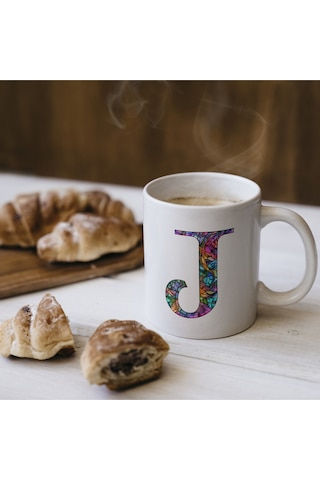 J Harfi Bardak 330 Ml İsme/harfe Özel Hediye, Renkli Harf Tasarım Beyaz