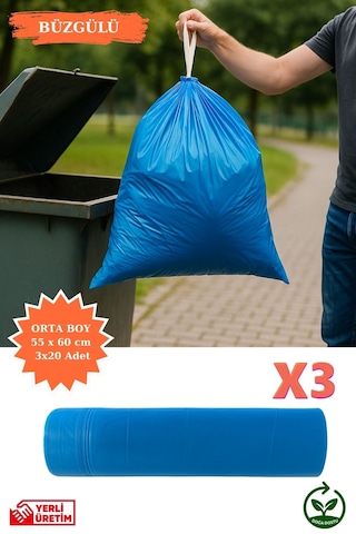 Premium Büzgülü Orta Boy Çöp Poşeti 55x60 Cm 3x20 Adet Ev Mutfak İş Ofis Avantajlı Ekonomik Paket