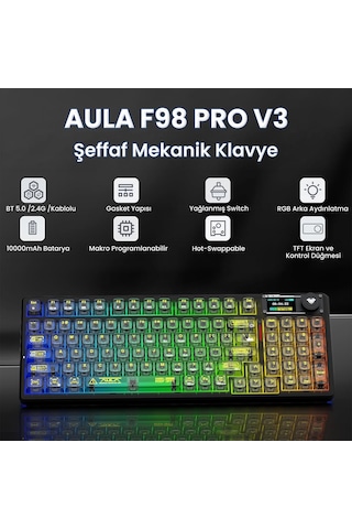 Aula F98 Pro V3 Oled Ekranlı Crystal Switch Makrolu Kablosuz Rgb Hot-swap Gasket Pre-lubed Switch Mekanik Klavye Şeffaf Siyah