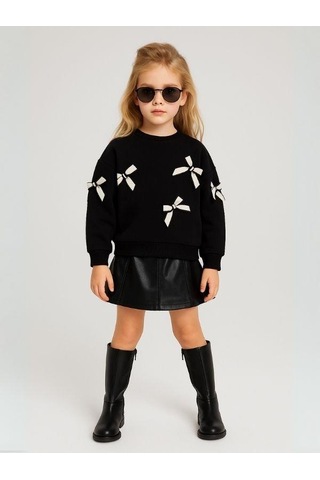 Kız Çocuk Fiyonk Detaylı Sweatshirt-16131 Siyah