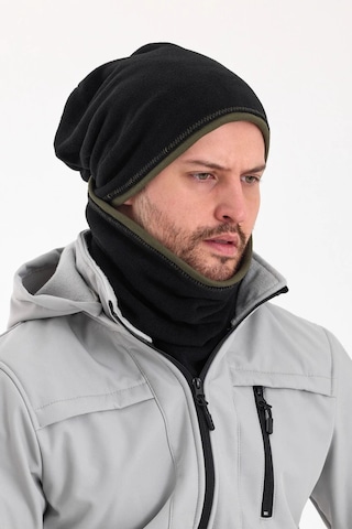 Erkek Polar Dış Kaşkorse Pamuklu İç Kısım Çift Renk Çift Katman Katlanabilir Bere Boyunluk Takım - Standart / Siyah-haki Siyah-haki