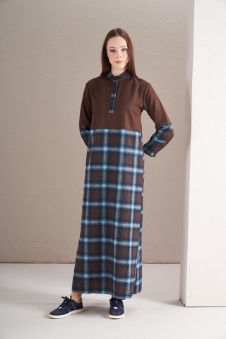 Blok Elbise Büyük Kareli Laci Kahve Laci Kahverengi - Lacivert