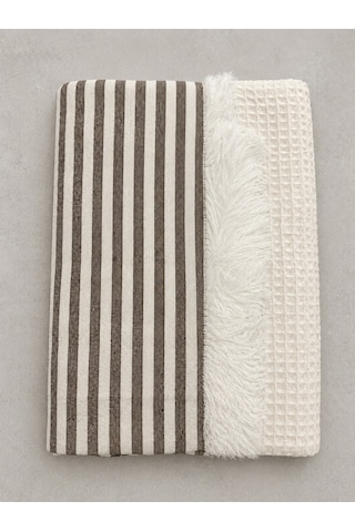 Tek Kişilik %100 Pamuk Pike 175x215 Cm Püsküllü Dokuma Yatak Örtüsü Geometrik Ekru