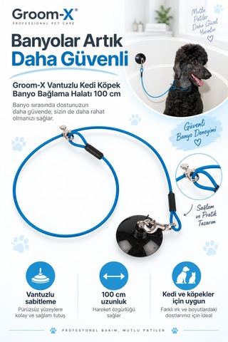 Groom-x Vantuzlu Kedi Köpek Banyo Bağlama Halatı 100 Cm - Banyolar Artık Daha Güvenli