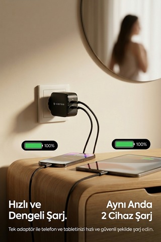 60w Çift Portlu Usb-c Girişli Akıllı Hızlı Şarj Adaptör Kablo Seti - Pd Ve Qc Destekli