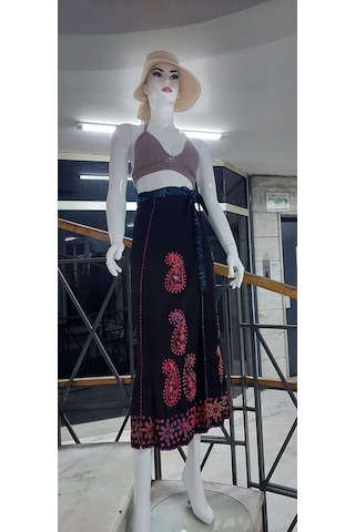 Bohem Stil Hint Batik Çiçek Desenli Ve İşlemeli Uzun Hint Anvelop Etek Görsel Çok Renkli