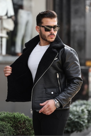 Erkek Napa Deri Çapraz Fermuarlı İçi Full Kürklü Yüksek Kalite Slim Fit Siyah Mont & Ceket Siyah