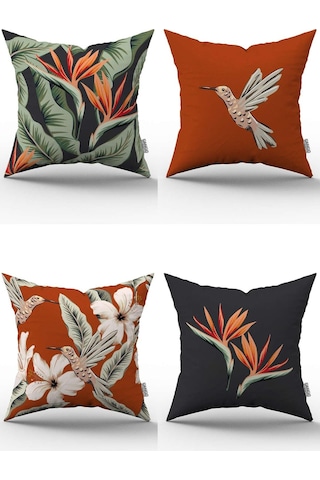 Çift Taraflı Turuncu Çiçek Kuş Desenli Dijital Baskılı Kırlent Kılıfı Seti 4kmbs324-ct