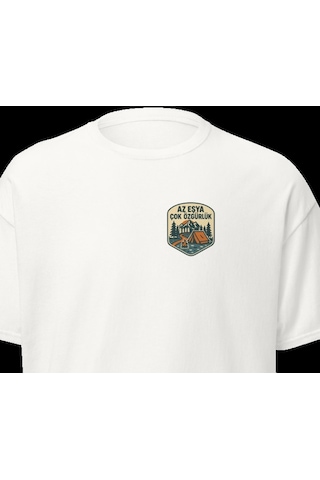 Wildstyle Az Eşya Çok Özgürlük Renkli Kamp Doğa Minimalist Baskılı Unisex Bisiklet Yaka Pamuklu Tişört Beyaz