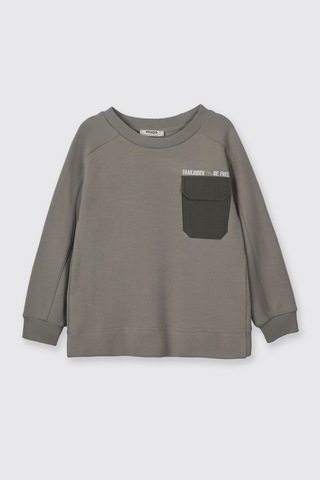 Panço Erkek Çocuk Yuvarlak Yaka Cepli Baskılı Parça Detaylı Antrasit Sweatshirt Gri