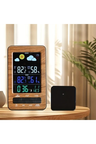 Motion003 Geniş Lcd Dijital Hava İstasyonu Dış Sensörlü Atomik Saat Sıcaklık Nem Monitörü Kahverengi