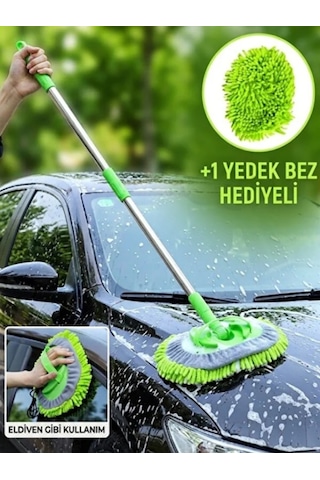Mucit Home Araba Yıkama Fırçası Oto Yıkama Mop Mikrofiber Bezli Teleskopik Saplı 1 Yedek Bez