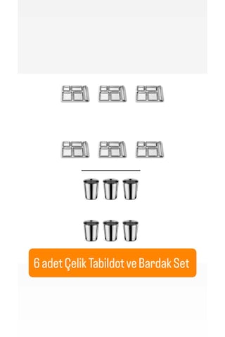 12 Parça Piknik Kahvaltılık Çelik Tabildot Set 6 Adet Tabldot ,6 Adet Bardak gümüş