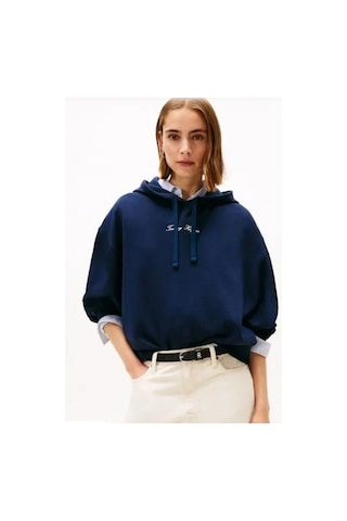 Tommy Hilfiger Klasik Yazı Baskılı Penye Kapüşonlu Kadın Kazak Ww0ww48270c1g Mavi