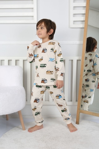 Transportation Veichle Desenli Çocuk Pijama Takımı Alt-üst Bej 3-8 Yaş Bej