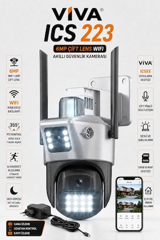 Viva Ics-223 6mp Çift Lensli Wifi Akıllı Güvenlik Kamerası 3mp+3mp Ptz Ip66 Su Geçirmez Gece Görüşlü Aı Takip