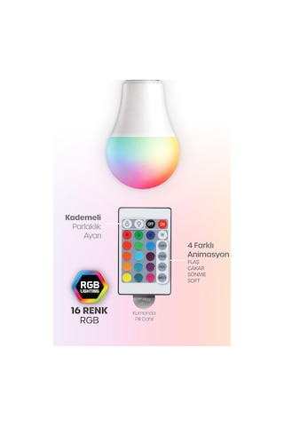 Kumandalı Rgb Renkli Led Ampul 9w E27 Parlaklık Renk Değiştiren Dimmerli Led Aydınlatma Lamba 1 Ad