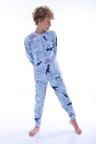 Bunny Hopp Dinozor Desenli %100 Pamuklu Erkek Çocuk Pijama Takımı - Mavi Penye Mevsimlik Takım Açık Mavi