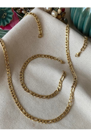 Saat Farkı Gold Figaro Model Çelik Unisex Kolye Ve Bileklik Set 2,5mm Gold