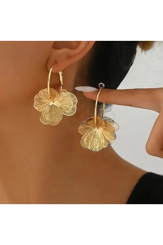 Altın Çift Katmanlı Hollow Çiçek Halka Küpe Kadınlar İçin Altın