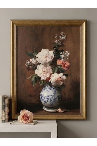 Vintage Gold Altın Çerçeveli Tablo 60x80 Cm Klasik Çiçek Natürmort Sanat Eseri Büyük Boy Dekoratif Duvar Dekoru Tablosu Yağlıboya Görünümlü Dokulu Baskı 50x70 Cm