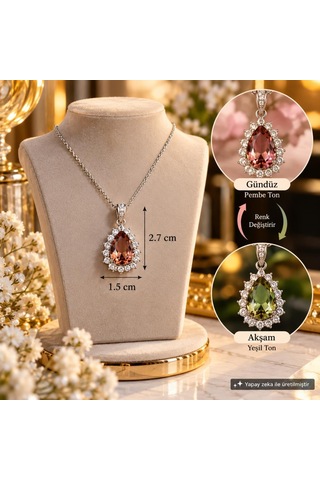 Zultanit Renk Değiştiren Sultanit Damla Taşlı Çelik Zincirli Kutulu Keseli Kolye Çok Renkli 92226648
