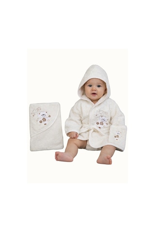 %100 Pamuk Yenidoğan Bebek Çocuk Bornoz Havlu Takımı Set 0-2 Yaş Krem-standart Krem