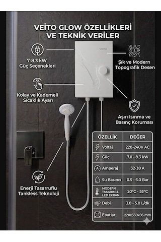 Veito Glow 7-8.3kw Ani Su Isıtıcısı - A Sınıfı Enerji Tasarruflu, Hassas Sıcaklık Kontrollü Şofben Elektirikli Şofben Montaj Dahil Değildir.