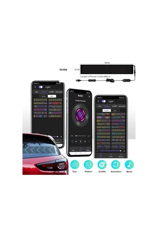 Led Matrix Panel Dijital Ekran Kumandalı App Kontrollü Oto Aksesuar Yayıncı Bilgisayar Odası 12x60cm 16x94