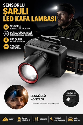 Kafa Lambası Sensörlü Güçlü Led Işıklı Type C Şarjlı Profesyonel Suya Dayanıklı Kamp Av Feneri Diğer