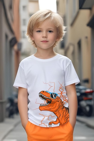Fyk Kids Gözlüklü Dinazor Baskılı Erkek Çocuk Alt-Üst Takım - Turuncu