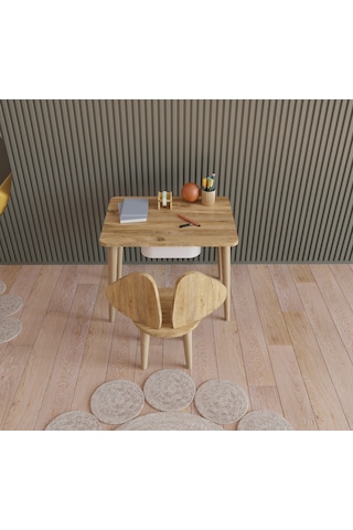 Fahrettin Küçük Montessori Çocuk Masası Oyun Masası Aktivite Masası Çalışma Masası Çekmeceli Sandalyeli Açık Çam