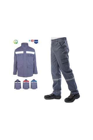 Kışlık İş Takımı Çok Cepli Reflektörlü Mont 4111 Ve 7/7 İş Pantolonu 2958 Gri Renk Yüzde Yüz Pamuk