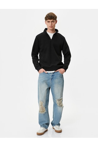 Koton Yarım Fermuarlı Sweatshirt Basic Dik Yaka Ribanalı Uzun Kollu Siyah 4sam70002mk Siyah