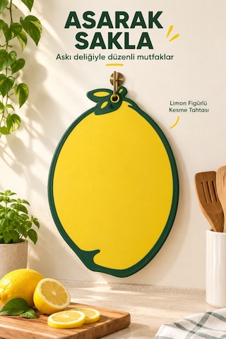 Limon Figürlü Kaydırmaz Kesme Tahtası 24x34 Cm Askılı Plastik Sebze Meyve Doğrama Panosu Sarı Mutfak