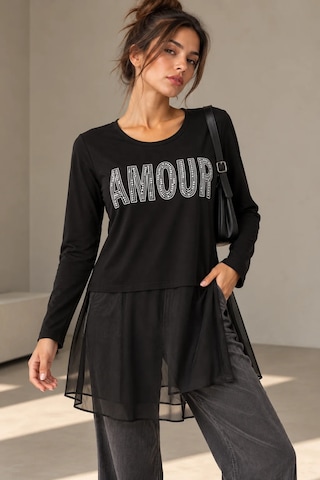 Bb Butik Basic Amour Taş Baskılı Tül Detaylı Uzun Kollu Bluz Fk3535 siyah