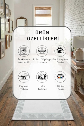 Golday Gri Dijital Baskılı Kaymaz Yıkanabilir Yolluk Gri - Gold
