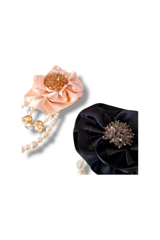 2 Li Pudra Ve Siyah Saten Gül Broş, Yaka İğnesi, Yaka Çiçeği Pudra